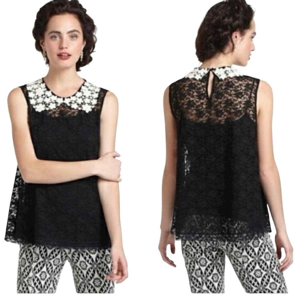 Anthropologie Eloise Black Floral Sheer Lace White Peter Pan Collar Top Size L
